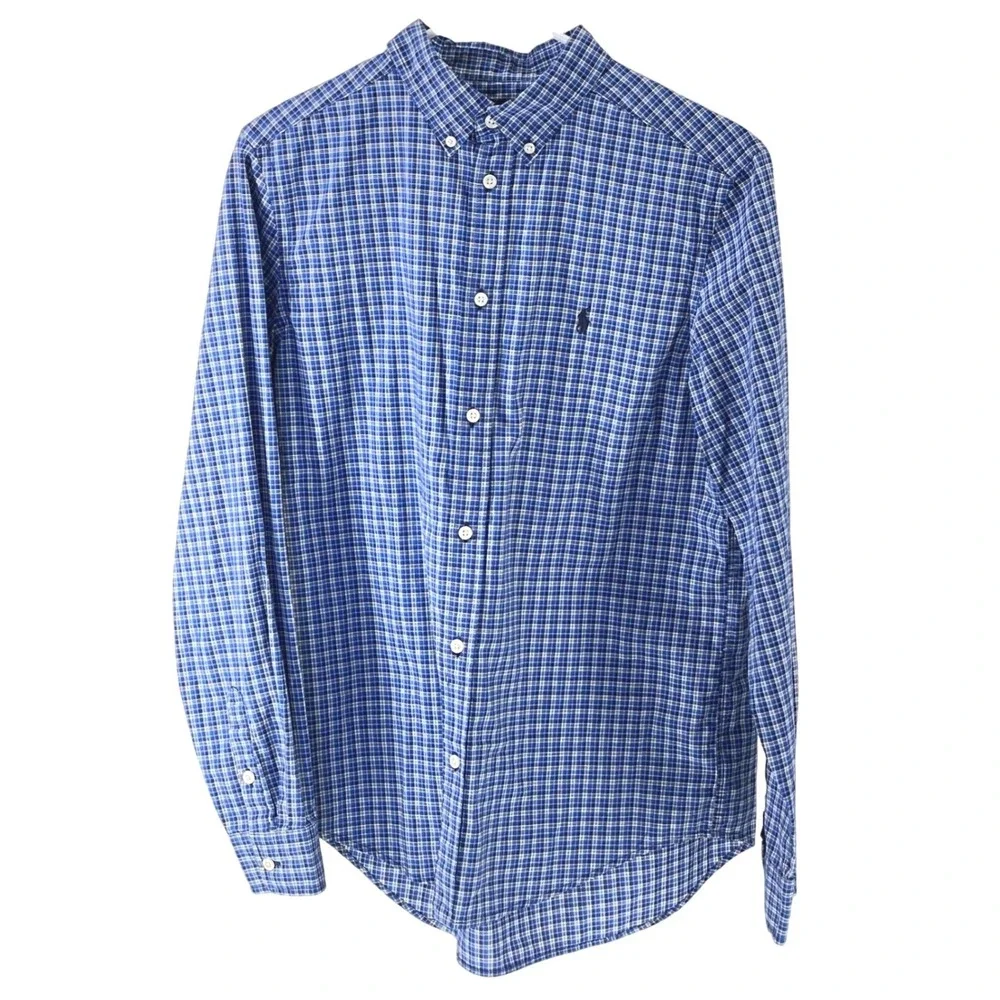 Ralph Lauren Boys‎ Blue Plaid Button Down Shirt Natural Stretch XL 18 20 Preppy